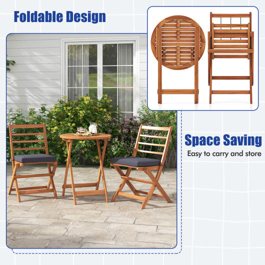 3 Pieces Acacia Wood Patio Bistro Set with Cushions-Gray