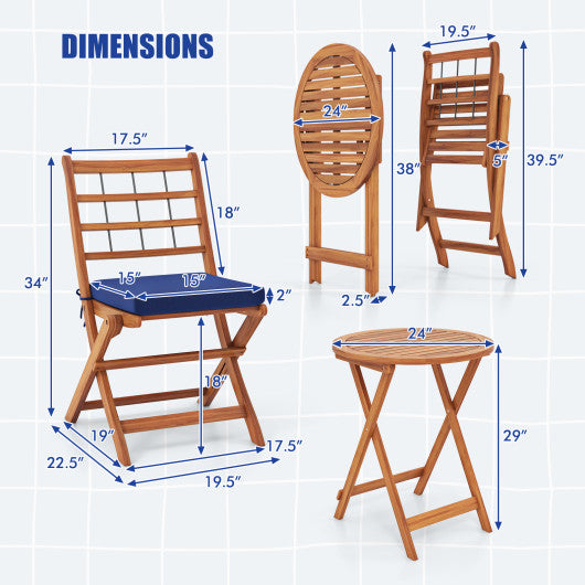 3 Pieces Acacia Wood Patio Bistro Set with Cushions-Navy