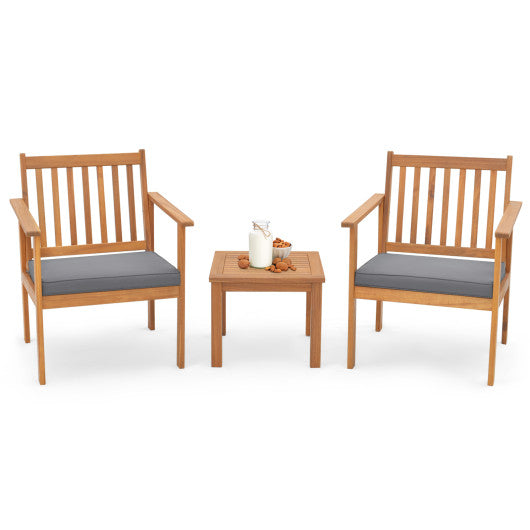 3 Pieces Patio Wood Furniture Set with soft Cushions for Porch-Gray
