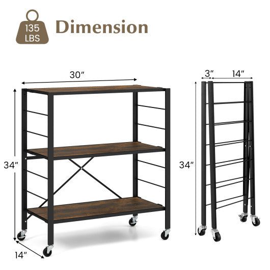 3-Tier Foldable Shelving Unit with Detachable Wheels and Adjustable Shelves-Black