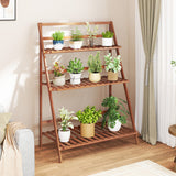 3-Tier Bamboo Ladder Shelf Foldable Plant Flower Bookshelf-Brown