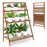 3-Tier Bamboo Ladder Shelf Foldable Plant Flower Bookshelf-Brown