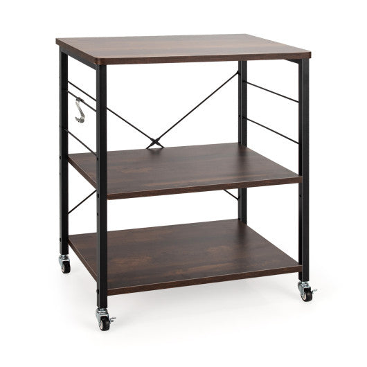 3-Tier Kitchen Baker's Rack Microwave Oven Storage Cart with Hooks-Charcoal Brown