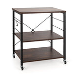 3-Tier Kitchen Baker's Rack Microwave Oven Storage Cart with Hooks-Charcoal Brown