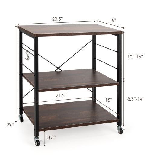 3-Tier Kitchen Baker's Rack Microwave Oven Storage Cart with Hooks-Charcoal Brown