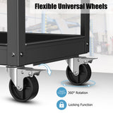 3-Tier Metal Utility Cart Trolley Tool with Flat Handle and 2 Lockable Universal Wheels-Black