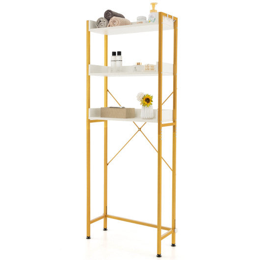 Over The Toilet Storage Rack with Hooks and Adjustable Bottom Bar-White