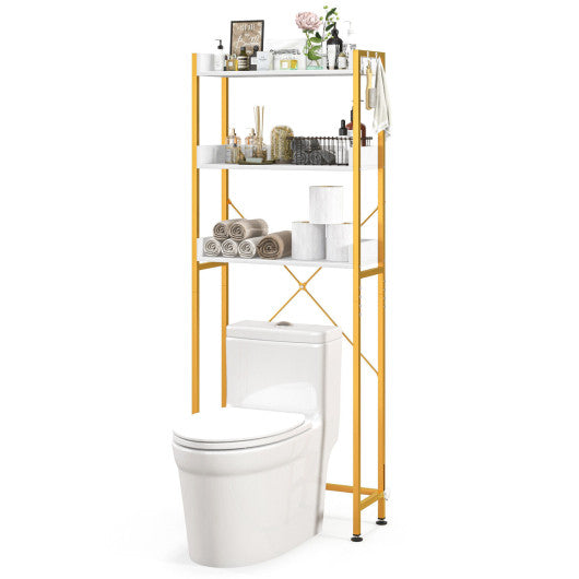 Over The Toilet Storage Rack with Hooks and Adjustable Bottom Bar-White