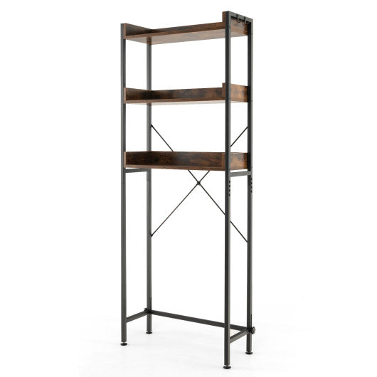 Over The Toilet Storage Rack with Hooks and Adjustable Bottom Bar-Rustic Brown