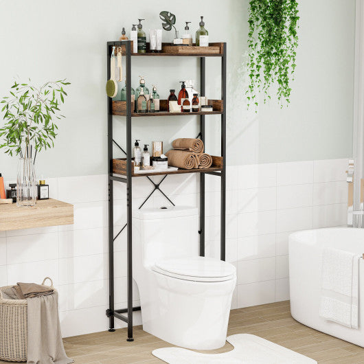 Over The Toilet Storage Rack with Hooks and Adjustable Bottom Bar-Rustic Brown