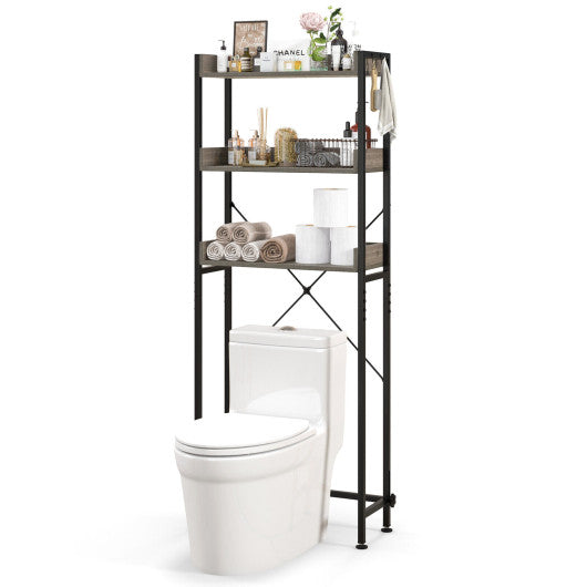 Over The Toilet Storage Rack with Hooks and Adjustable Bottom Bar-Gray