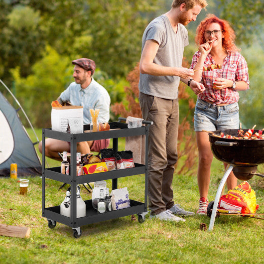 3-Tier Utility Cart Rolling Metal Cart with Handle and Universal Wheels-Black