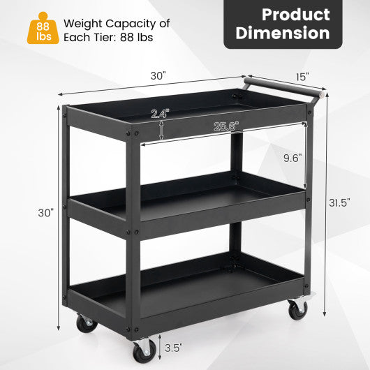 3-Tier Utility Cart Rolling Metal Cart with Handle and Universal Wheels-Black