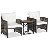 3 Pieces Patio Rattan Furniture Set with Acacia Wood Tabletop-White