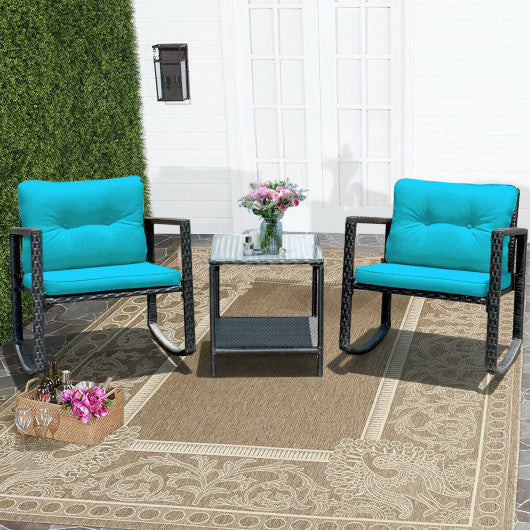 3 Pcs Wicker Rocking Bistro Set with Glass Coffee Table and Storage Shelf-Blue