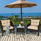 3 Pieces Outdoor Patio Rattan Conversation Set with Seat Cushions-Beige