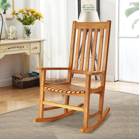 Indoor Outdoor Wooden High Back Rocking Chair-Natural