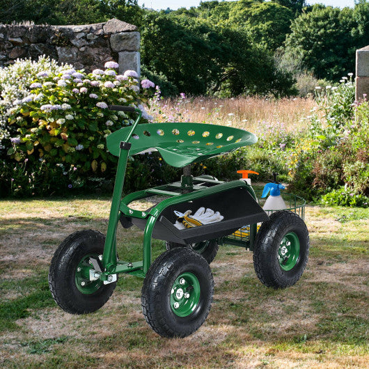 Extendable Handle Garden Cart Rolling Wagon Scooter-Green