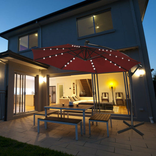 10 ft 360° Rotation Solar Powered LED Patio Offset Umbrella without Weight Base-Dark Red