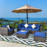 6 Pcs Patio Rattan Furniture Set with Sectional Cushion-Blue