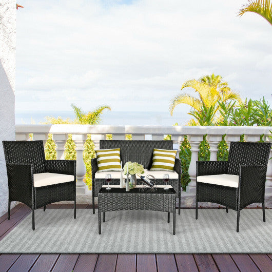 4 Pcs Patio Rattan Cushioned Sofa Furniture Set-White