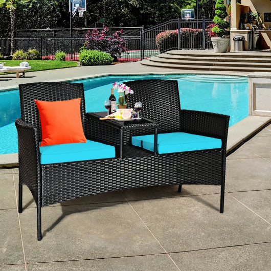 Wicker Patio Conversation Furniture Set with Removable Cushions and Table-Turquoise