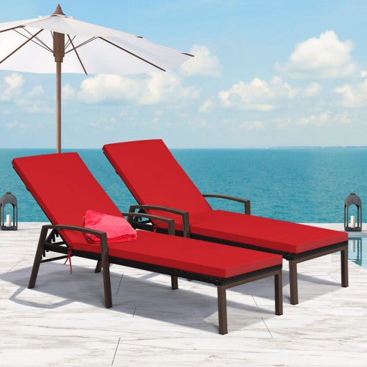 2 Pieces Patio Rattan Adjustable Back Lounge Chair with Armrest and Removable Cushions-Red