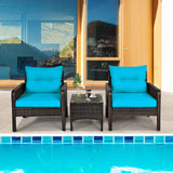 3 Pcs Outdoor Patio Rattan Conversation Set with Seat Cushions-Turquoise