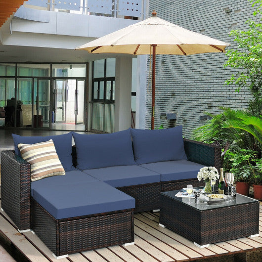 5 Pieces Patio Rattan Sectional Furniture Set with Cushions and Coffee Table -Navy