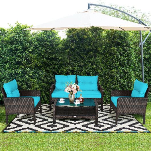 4 Pieces Outdoor Rattan Wicker Loveseat Furniture Set with Cushions-Turquoise