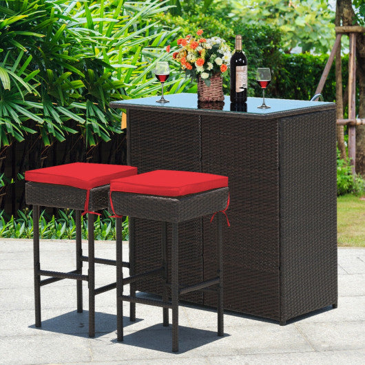 3PCS Patio Rattan Wicker Bar Table Stools Dining Set-Red