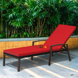 Patio Rattan Lounge Chaise Recliner with Back Adjustable Cushioned-Red