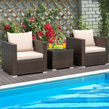 3 Pcs Patio Conversation Rattan Furniture Set with Cushion-Beige