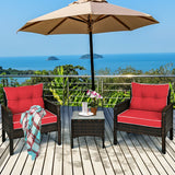 3 Pcs Outdoor Patio Rattan Conversation Set with Seat Cushions-Red