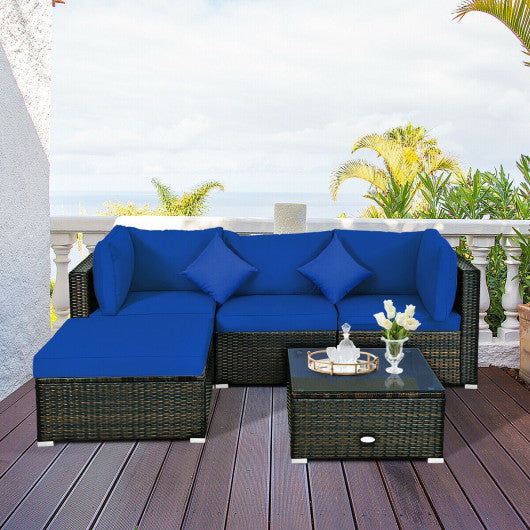 5 Pcs Outdoor Patio Rattan Furniture Set Sectional Conversation with Navy Cushions-Navy