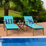 3 Pieces Portable Patio Cushioned Rattan Lounge Chair Set with Folding Table-Turquoise