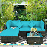 5 Pcs Outdoor Patio Rattan Furniture Set Sectional Conversation with Navy Cushions-Turquoise