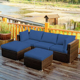 5 Pieces Patio Rattan Sofa Set with Cushion and Ottomans-Navy