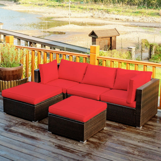 5 Pieces Patio Rattan Sofa Set with Cushion and Ottoman-Red