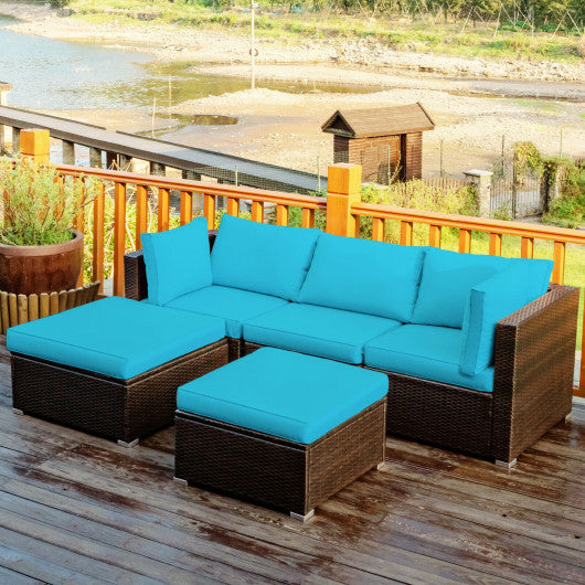 5 Pieces Patio Rattan Sectional Conversation Ottoman Furniture Set-Blue