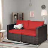 2PCS Patio Rattan Sectional Conversation Sofa Set-Red