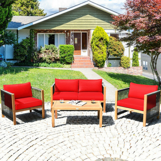 4 Pieces Acacia Wood Outdoor Patio Furniture Set with Cushions-Red