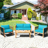 4 Pieces Acacia Wood Outdoor Patio Furniture Set with Cushions-Turquoise