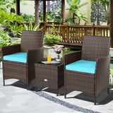 3 Pieces Patio Rattan Furniture Set Cushioned Sofa and Glass Tabletop Deck-Blue