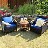 3 Pieces Patio Rattan Furniture Set with Washable Cushion and Acacia Wood Tabletop-Blue