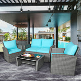 4 Pieces Patio Rattan Furniture Set Sofa Table with Storage Shelf Cushion-Turquoise