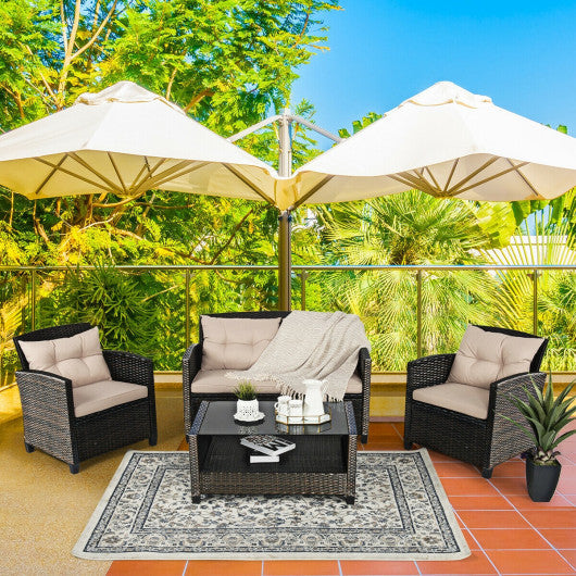 4 Pieces Outdoor Rattan Furniture Set with Glass Table