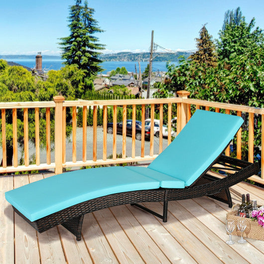 Patio Folding Adjustable Rattan Chaise Lounge Chair with Cushion-Turquoise