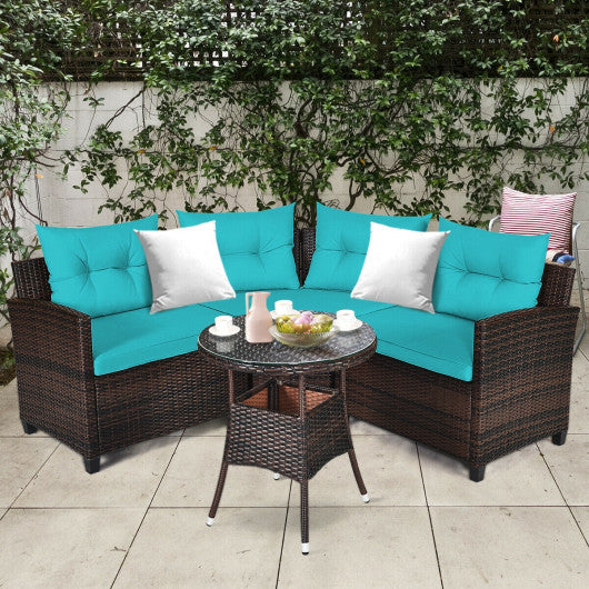 4 Pieces Outdoor Cushioned Rattan Furniture Set-Turquoise