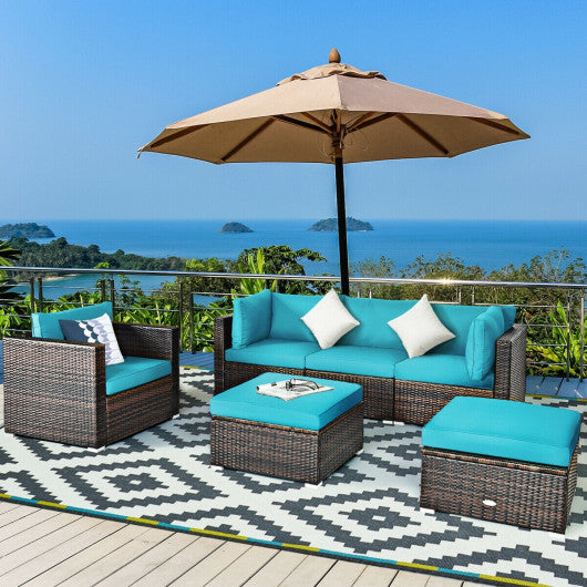 6 Pcs Patio Rattan Furniture Set with Sectional Cushion-Turquoise